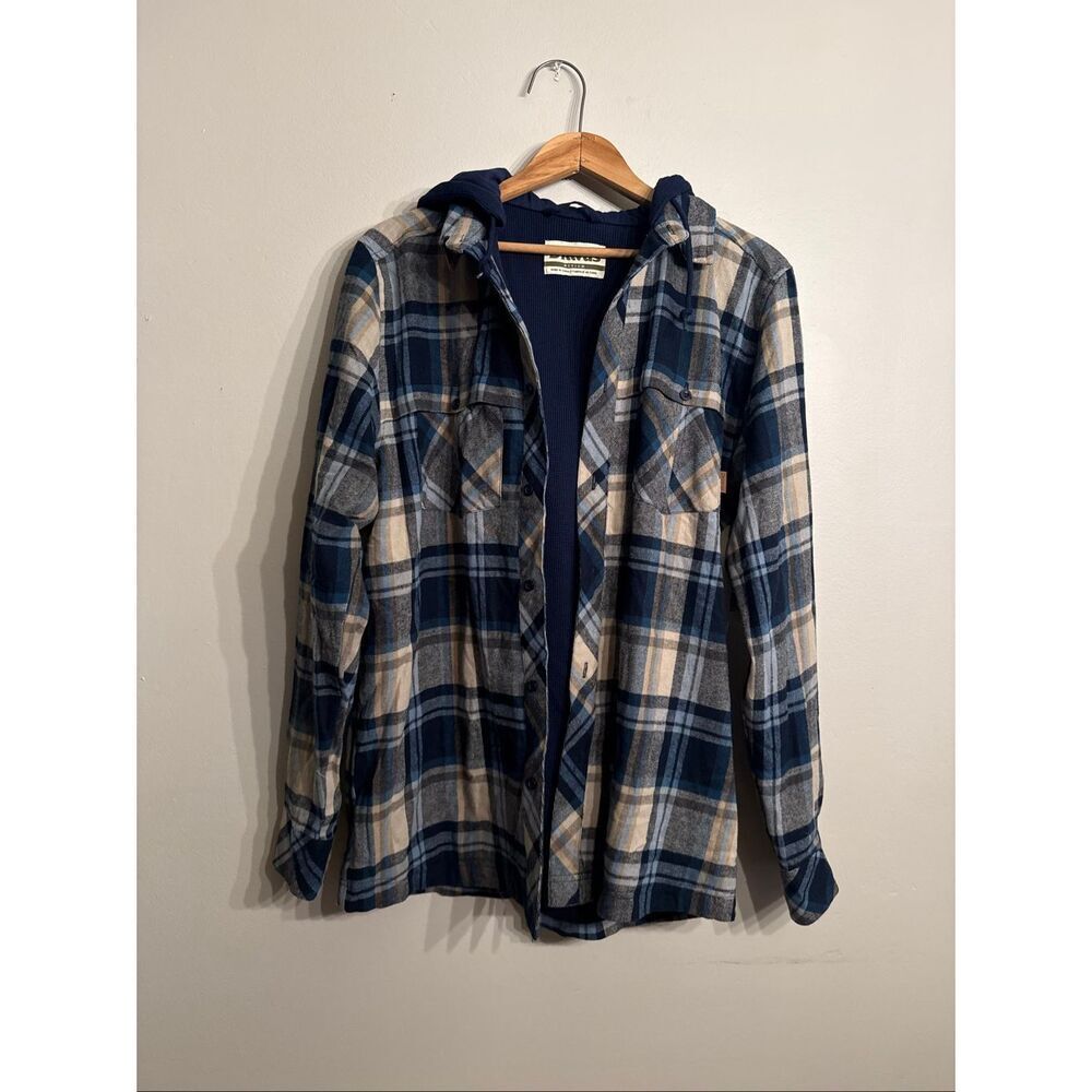 Dravus Blue Gray Plaid Flannel Thermal Hooded Button Up Shirt Jacket Medium NWT